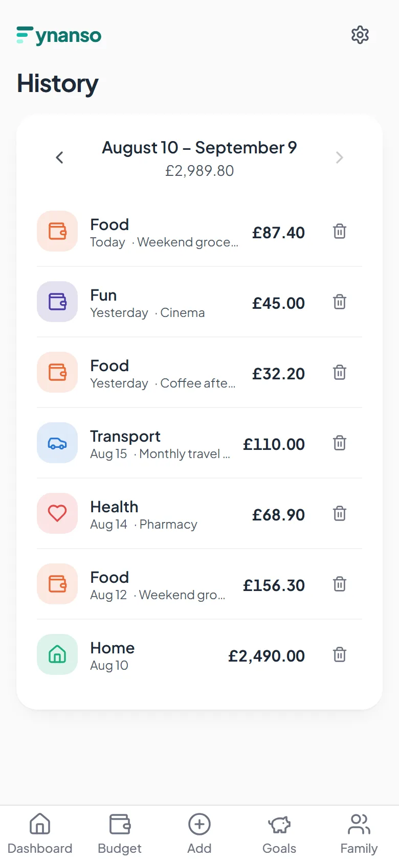 Spending history in Fynanso: a list of entries with categories, notes and amounts, with a total of £2,989.80 for the period from 10 August to 9 September at the top.