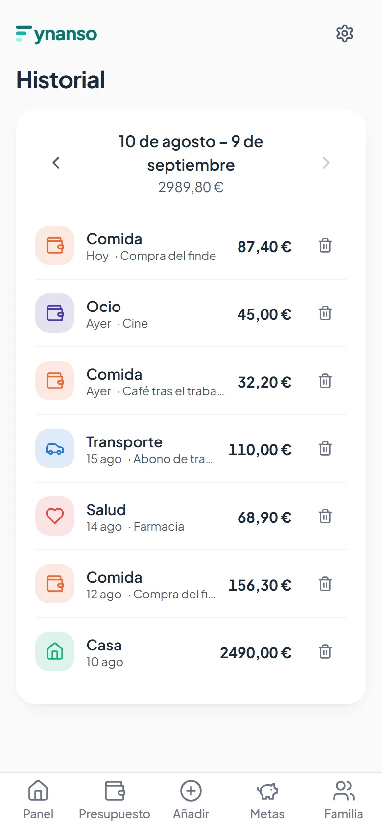 Historial de gastos en Fynanso: una lista de apuntes con categorías, notas e importes, y arriba un total de 2989,80 € del periodo del 10 de agosto al 9 de septiembre.