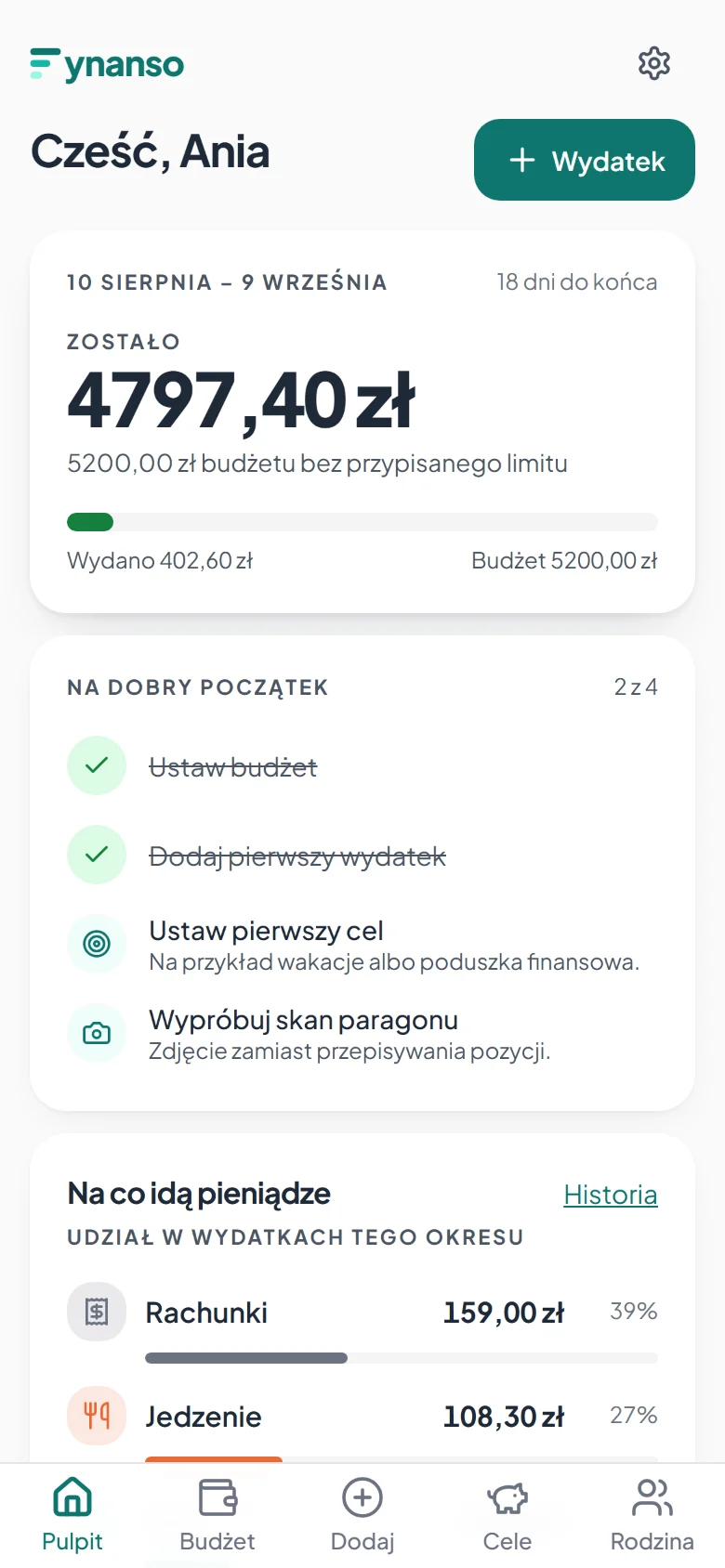 Pulpit Fynanso: okres od 10 sierpnia do 9 września, zostało 4797,40 zł z budżetu 5200 zł, poniżej udział wydatków w kategoriach.